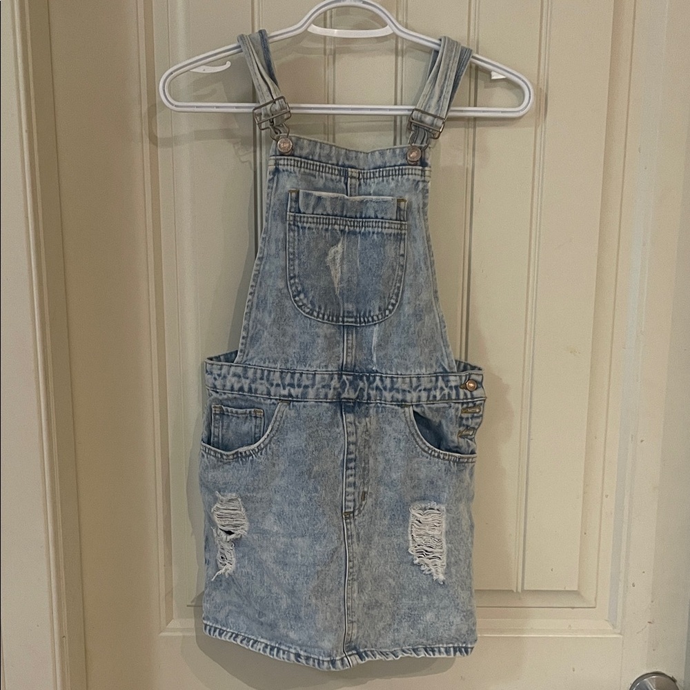 Forever 21 Kids Light Blue Faded Denim Overall Dress